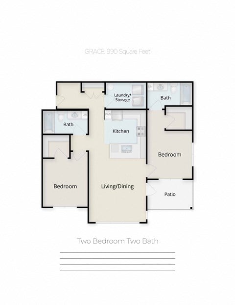 Floor plan for 2 beds, 2 baths, 990 sqft